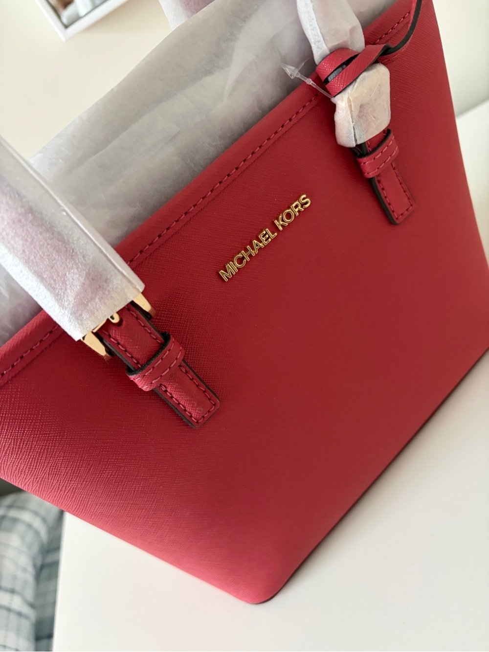 Michael Kors Coral-Red Saffiano Tote with Gold Hardware